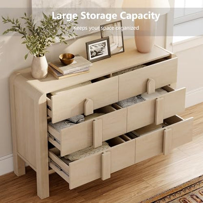3 Piece Dresser and Nightstand Sets for Bedroom, 47.2" W Modern 6 Drawer Dresser & 23.7” Tall Nightstand Set of 2 with Charging Station for Bedroom, Curved Profile Design, Beige