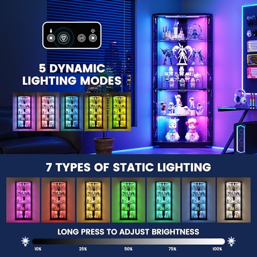 5-Tiers Corner Display Cabinet with Glass Door and RGB Light,Black, view 4