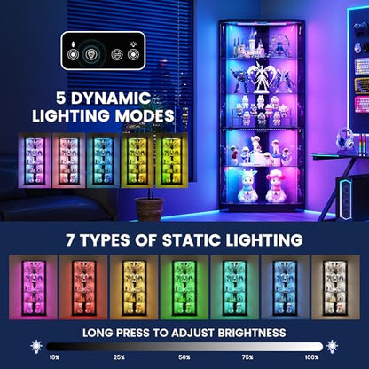 5-Tiers Corner Display Cabinet with Glass Door and RGB Light,Black, view 4