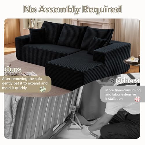 95.8" Cloud Sectional Couch with L-Shape Chaise, Modern Modular Comfy Sofa Chaise Longue, Upholstered Corduroy Couches Sleeper with Deep Seat for Living Room Bedroom, No Assembly Required, Black