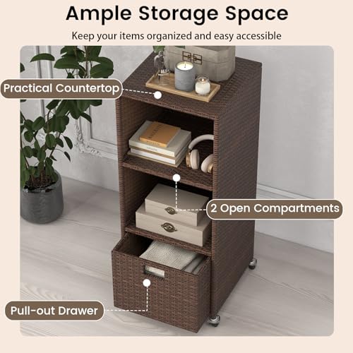 Wicker Outdoor Storage Cabinet - Rattan Pool Towel Rack on Wheels w/Shelves and Drawer, Tall Patio Furniture Outside Caddy Organizer for Porch Deck, Garden Tool & Hot Tub Accessory Storage
