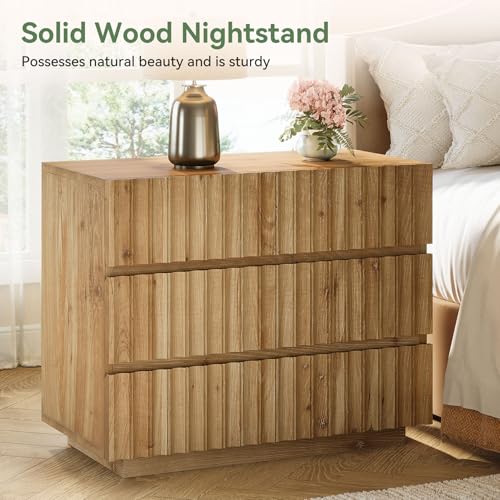 Oversized Solid Wood Nightstand with 3 Drawers, Farmhouse Bedside Table | Solid Wood; 3 Large Drawers; 31.5" Wide; Curved Profile Design