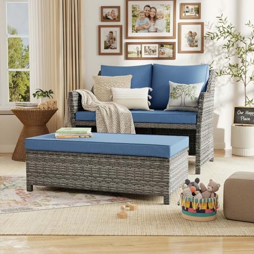 2-Piece Outdoor Patio Furniture Wicker Love-seat and Coffee Table Set, with Built-in Storage Bin, Grey Rattan, Navy Blue Cushions