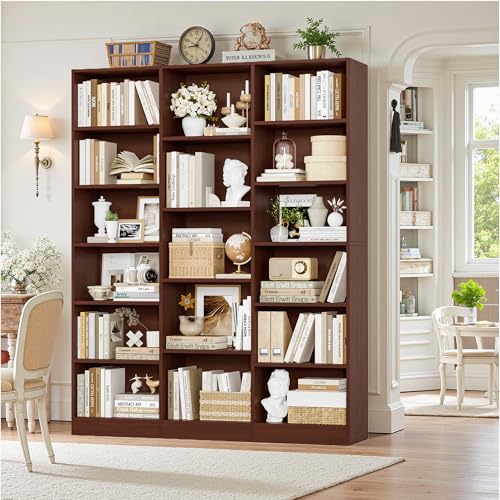 Triple Wide Bookshelf, 6 Tier Large Bookshelf, Bookcase with 17 Open Display Shelves, 74'' Tall Bookcases and Bookshelves for Living Room, Home Office, Library, Cherry