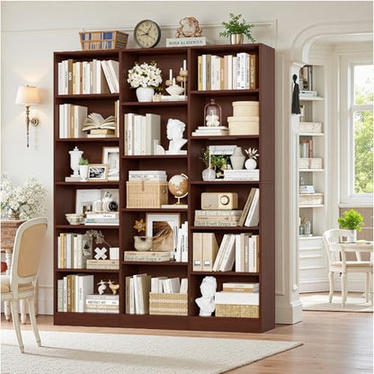 Triple Wide Bookshelf, 6 Tier Large Bookshelf, Bookcase with 17 Open Display Shelves, 74'' Tall Bookcases and Bookshelves for Living Room, Home Office, Library, Cherry