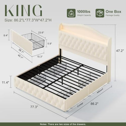 King Size Bed Frame with 4 Storage Drawers, Beige, view 4