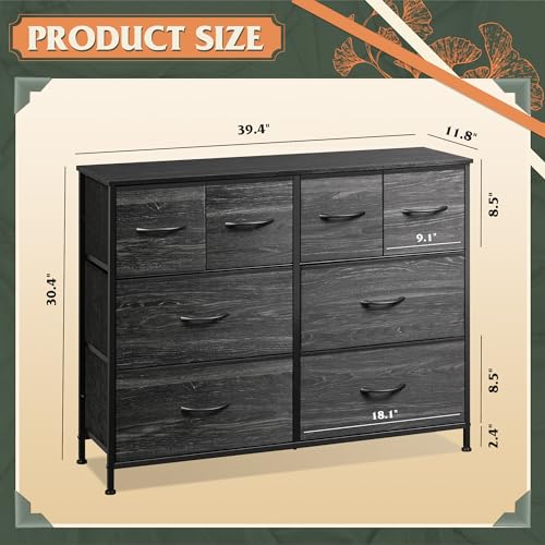Wide Dresser for Bedroom, 8 Drawer Chest of Drawers, Black Wood Grain, view 5