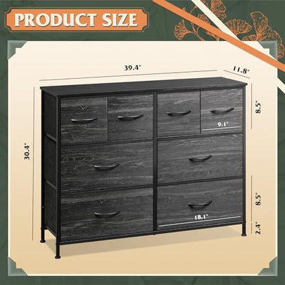Wide Dresser for Bedroom, 8 Drawer Chest of Drawers, Black Wood Grain, view 5