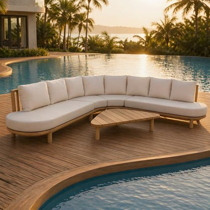 5 Piece Patio Outdoor Furniture Set, All Weather 118" Half Moon Sectional Sofa with Acacia Wood Frame & Waterproof Cushions,1 Coffee Table for Garden,Lawn,Backyard,Poolside,Beige+Light Teak