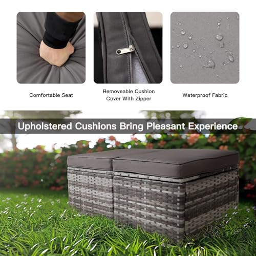2-Piece Wicker Storage Ottomans for Outdoor Patio & Backyard, Removable Cushions, All-Weather Steel Frame, Side Table/Footrest, 200lb Capacity – Durable Furniture for Homeowners (Grey)