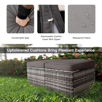 2-Piece Wicker Storage Ottomans for Outdoor Patio & Backyard, Removable Cushions, All-Weather Steel Frame, Side Table/Footrest, 200lb Capacity – Durable Furniture for Homeowners (Grey)