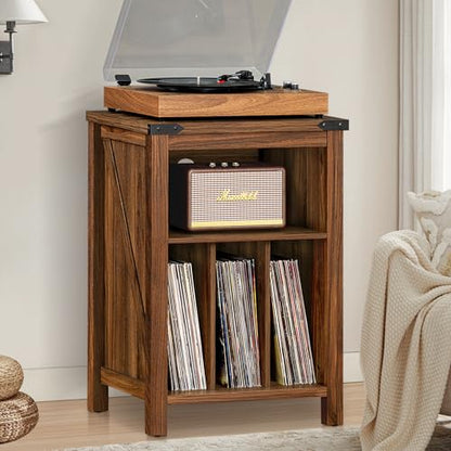 Record Player Stand with Vinyl Record Storage,Rustic Brown, view 6
