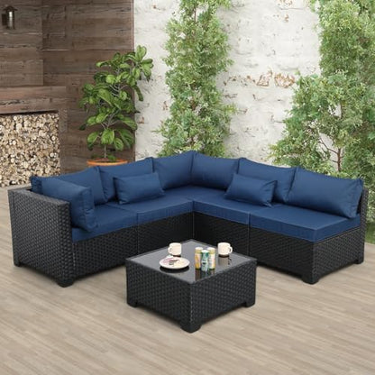 Patio Sectional 6 Pieces All-Weather Wicker Patio Furniture Set Outdoor Sectional with Glass Table Non-Slip Cushions and Waterproof Cover, Navy Blue