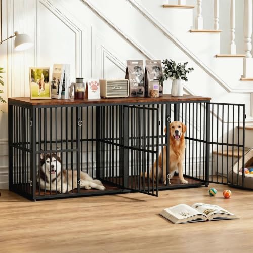 86.7" Double Dog Crate Furniture for 2 Large Dogs, Rustic Brown, view 2