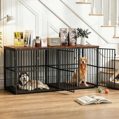 86.7" Double Dog Crate Furniture for 2 Large Dogs, Rustic Brown, view 2