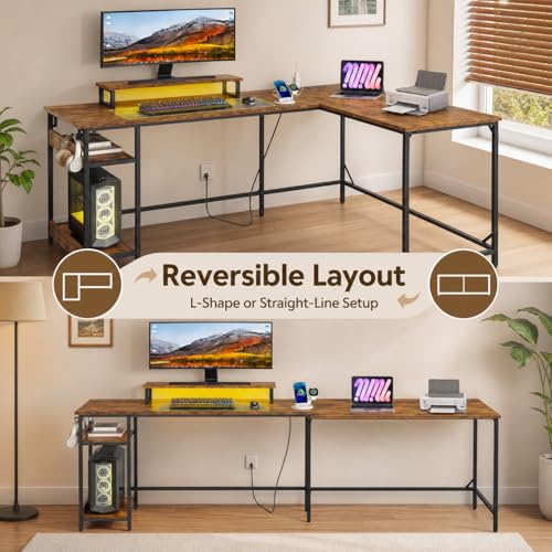 60 Inch L Shaped Gaming Desk with LED Lights, Rustic Brown, view 4