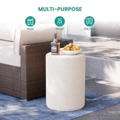 Outdoor Concrete Side Table, 20" H Outdoor End Tables, Cement Accent Table for Patio, Round Modern Garden Small Garden Stool for Patio, Backyard, Spotted White
