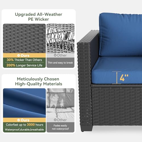Patio Furniture Set with Fire Pit Table, 6 Piece Outdoor Furniture Set with Wicker Ottomans, Rattan Outdoor Sectional Sofa with Thickened Cushion & Waterproof Cover Navy Blue