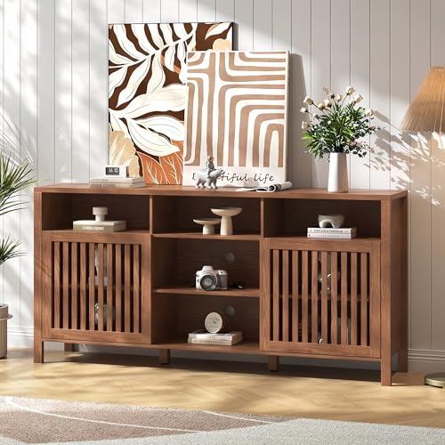 Farmhouse Brown TV Stand with Grille Doors, 5 Open Storage Compartments, view 5