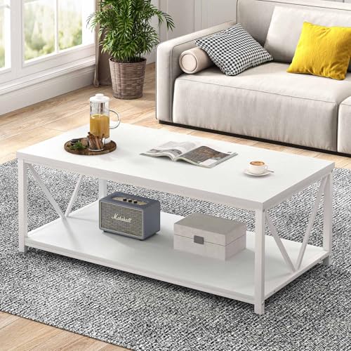 White Coffee Table with Storage Shelf, Modern Rustic Wood and Metal Center Table for Living Room, 47 Inch