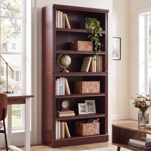 75.2" Tall Bookshelf, 6-Tier Farmhouse Open Bookcase Cherry, view 2