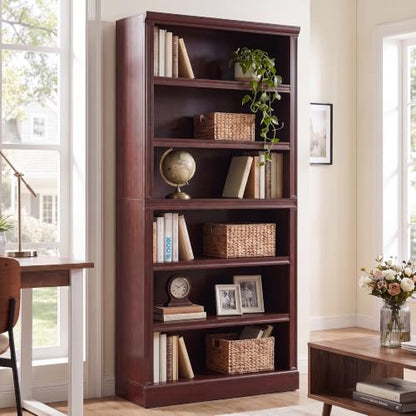 75.2" Tall Bookshelf, 6-Tier Farmhouse Open Bookcase Cherry, view 2