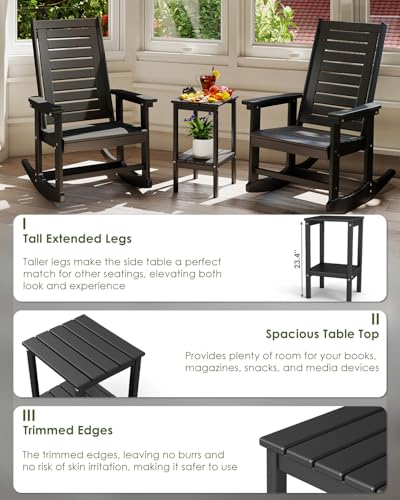 Tall-Outdoor-Side-Table | 23.5" | HDPE Plastic | Patio Adirondack End Tables | All Weather | 2-Tier | Black | for Porch Garden Indoor & Rocking Chairs