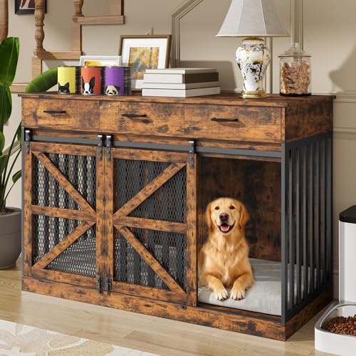 48 Inch Large Dog Crate Furniture with 3 Storage Drawers, Wooden Pet Kennel with Removable Divider, Dog Kennel End Table TV Stand, Farmhouse Style Dog Crates with Sliding Barn Door (Brown)