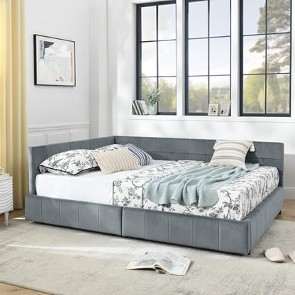 Queen Size Upholstered Daybed with Storage Drawer, Upholstered Tufted Bed Frame, Modern Sofa Bed Frame with Comfortable Backrest and Armrests, for Bedroom, Living Room, Velvet, Grey