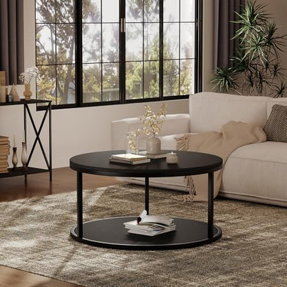 36" Coffee Tables with Storage, 2-Tier Round Coffee Table, Center Table for Living Room, Furniture for Small Spaces, Black