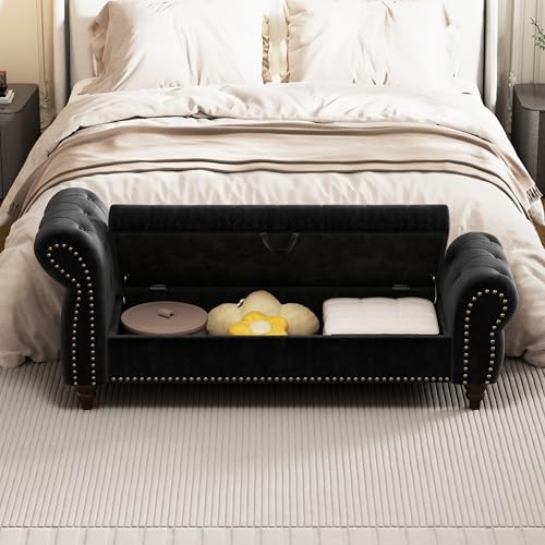 64.5" Bed Bench for Bed Room Nails Tufted Chaise of Lounge with Storage Velvet, view 7