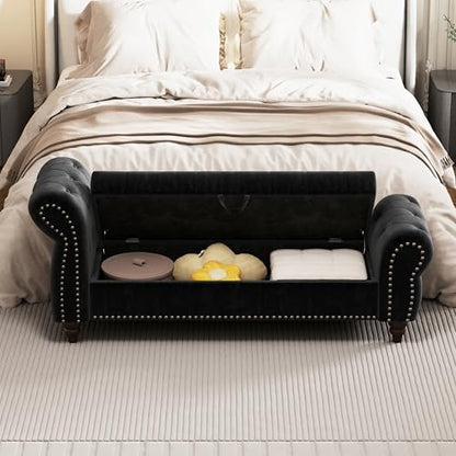 64.5" Bed Bench for Bed Room Nails Tufted Chaise of Lounge with Storage Velvet, view 7