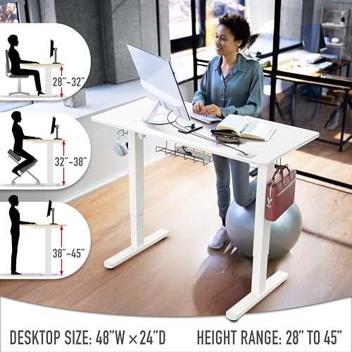 48-Inch Electric Height Adjustable Standing Desk with Drawer, Memory Preset and Cable Management Tray, White