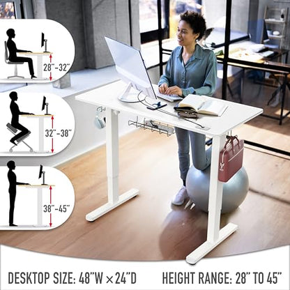 48-Inch Electric Height Adjustable Standing Desk with Drawer, Memory Preset and Cable Management Tray, White
