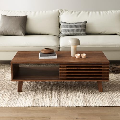 Mid Century Modern Coffee Table, Wood Coffee Table with Storage, Farmhouse Table for Living Room, Apartment, Walnut