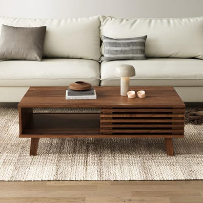 Mid Century Modern Coffee Table, Wood Coffee Table with Storage, Farmhouse Table for Living Room, Apartment, Walnut