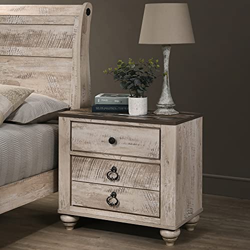 Imerland White Wash Finish 3-Piece Bedroom Set-Sleigh Bed and Two Nightstands, Queen Size