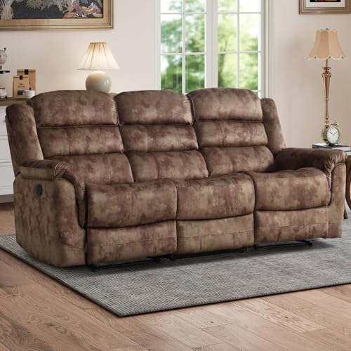 Reclining Sofa for Living Room, Extra Wide Modern Overstuffed 3 Seat Recliner Manual Sofa Chair, Breathable Soft Fabric and Padded Seat, Brown