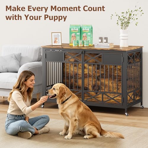 47" XXL Dog Crate Furniture with Wheels, view 5