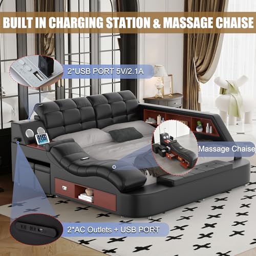 Black multifunctional massage recliner bed with music and charging features, view 6