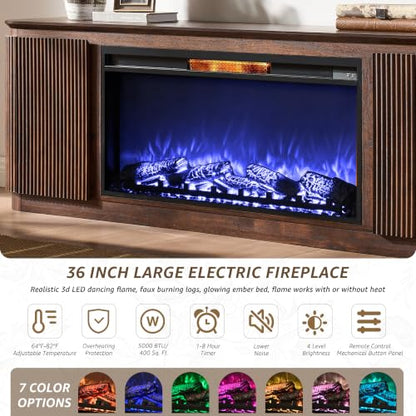 70" Fluted TV Stand with 36" Electric Fireplace, Dark Walnut Oak, view 6