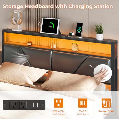 Queen Bed Frame with Storage Headboard, 6 Drawers, LED & Charging, view 5