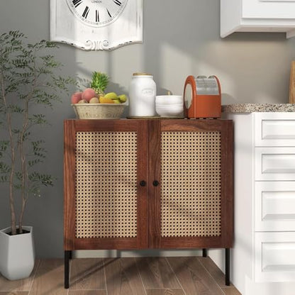 Buffet Cabinet, Rattan Sideboard Console Table Coffee Bar Accent Cabinet w/Adjustable Shelf, Walnut Credenza, Storage Cabinet for Entryway Kitchen Living Room Hallway (1, Walnut)