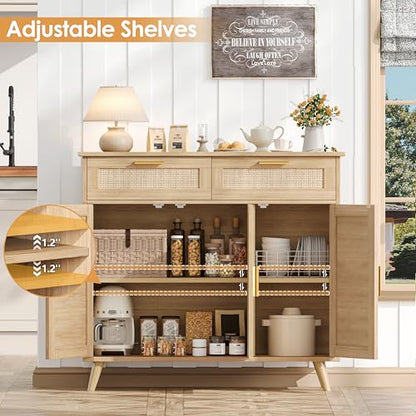 Rattan Sideboard Buffet Cabinet with Storage, 35.4" W Buffet Cabinet with 2 Drawers and 3 Doors, Sideboard Storage Cabinet with Adjustable Shelves for Kitchen, Living Room, Natural Oak