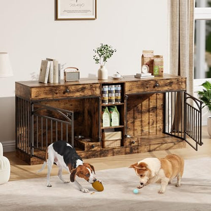 Dog Crate Furniture for 2 Dogs, Dog Kennel Indoor with Storage and Feeding Bowls, view 4