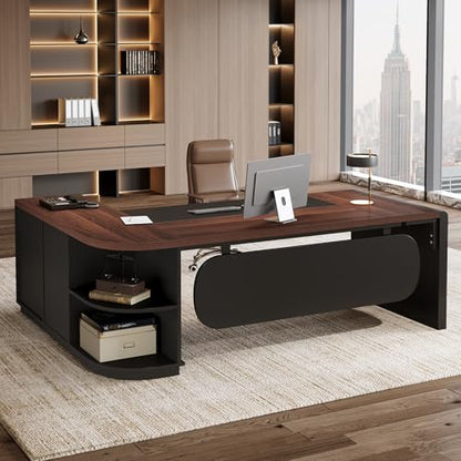 Tribesigns 81'' L-Shaped Executive Desk, Large Modern Office Desk with Drawers and File Cabinet for Home or Business Workspace, Computer Desk with Storage Shelves, Walnut & Black