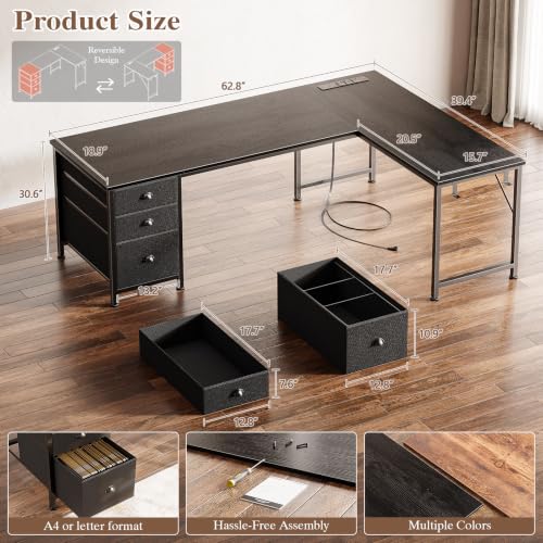 63" L Shaped Desk, Computer Corner Desk with Outlets, Black, view 3