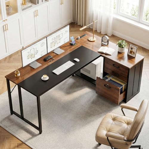 61" L Shaped Office Desk with Wood Drawers & Lockable File Cabinet, Reversible 21.7" D Corner Computer Desk with Built-in Power Outlets, Executive Desk for Home Office, Walnut
