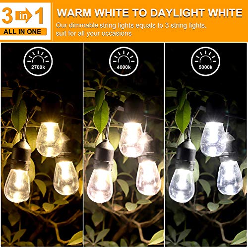 3 Color Outdoor LED Dimmable String Lights for Patio with Remote, Plug in 48FT Waterproof Shatterproof Edison Bulb Lights for Bistro Pergola