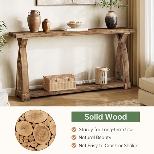 Solid Wood Console Table for Entryway, 63-Inch Narrow Farmhouse Couch Table Behind Sofa with 2-Tier Storage for Entrance, Foyer, Living Room, Long, Rustic Brown